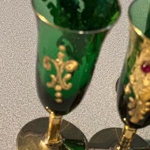 5 Green Bohemian Floral Glasses / Stem Vases